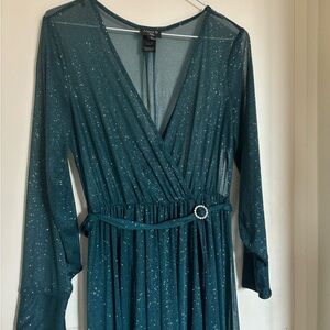 Alexa B Nites Floor Length Sparkly Turquoise Long Sleeved V Neck Gown (Size 4)